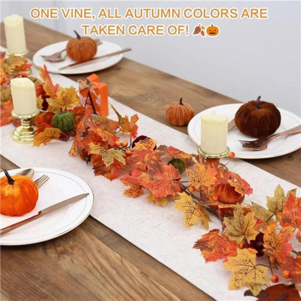 Fall Garland, 6FT Autumn Maple Leaf Velvet Pumpkin/Berry Garland Fall